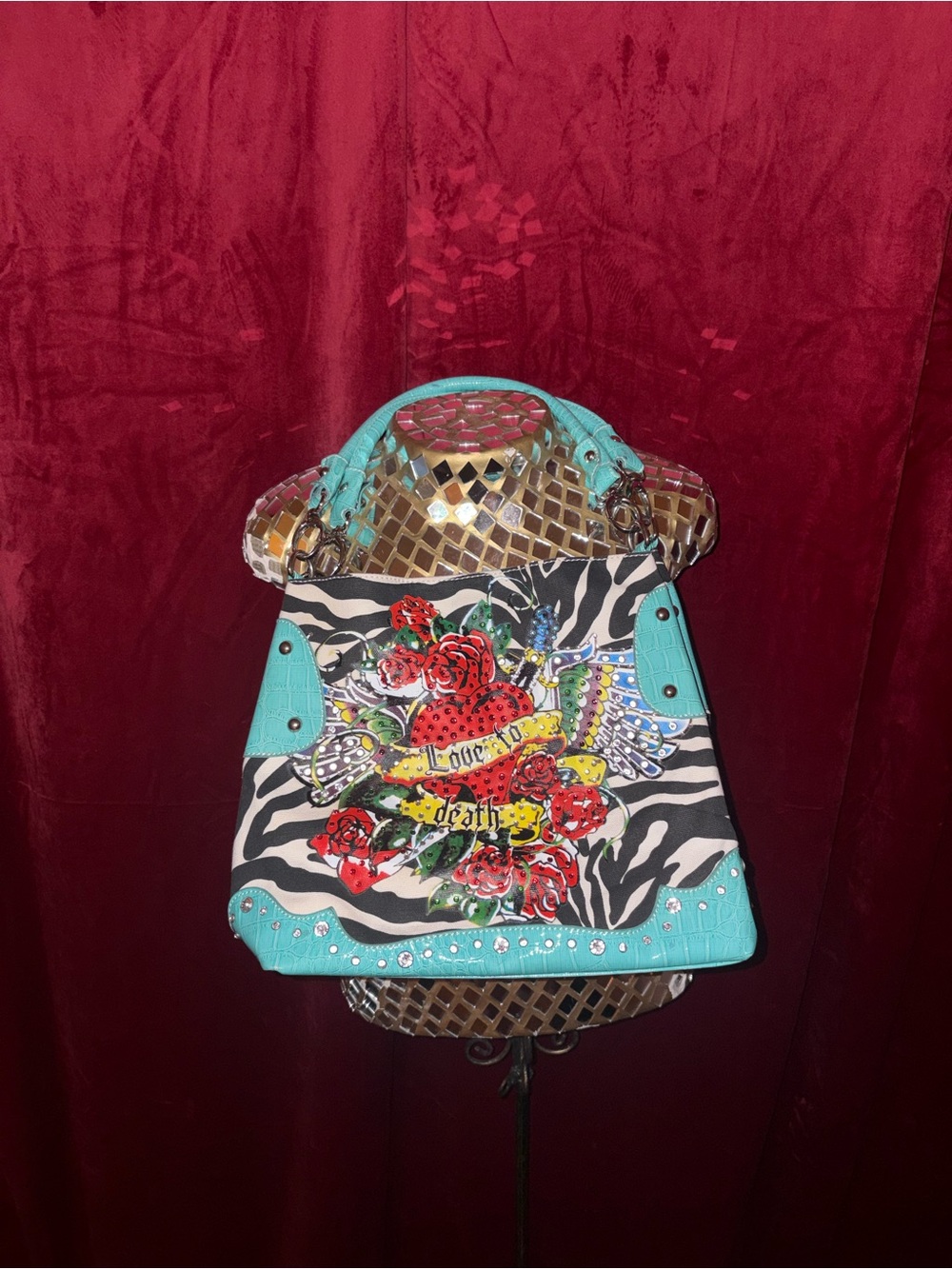 Vintage Turquoise Zebra Print Shoulder Bag